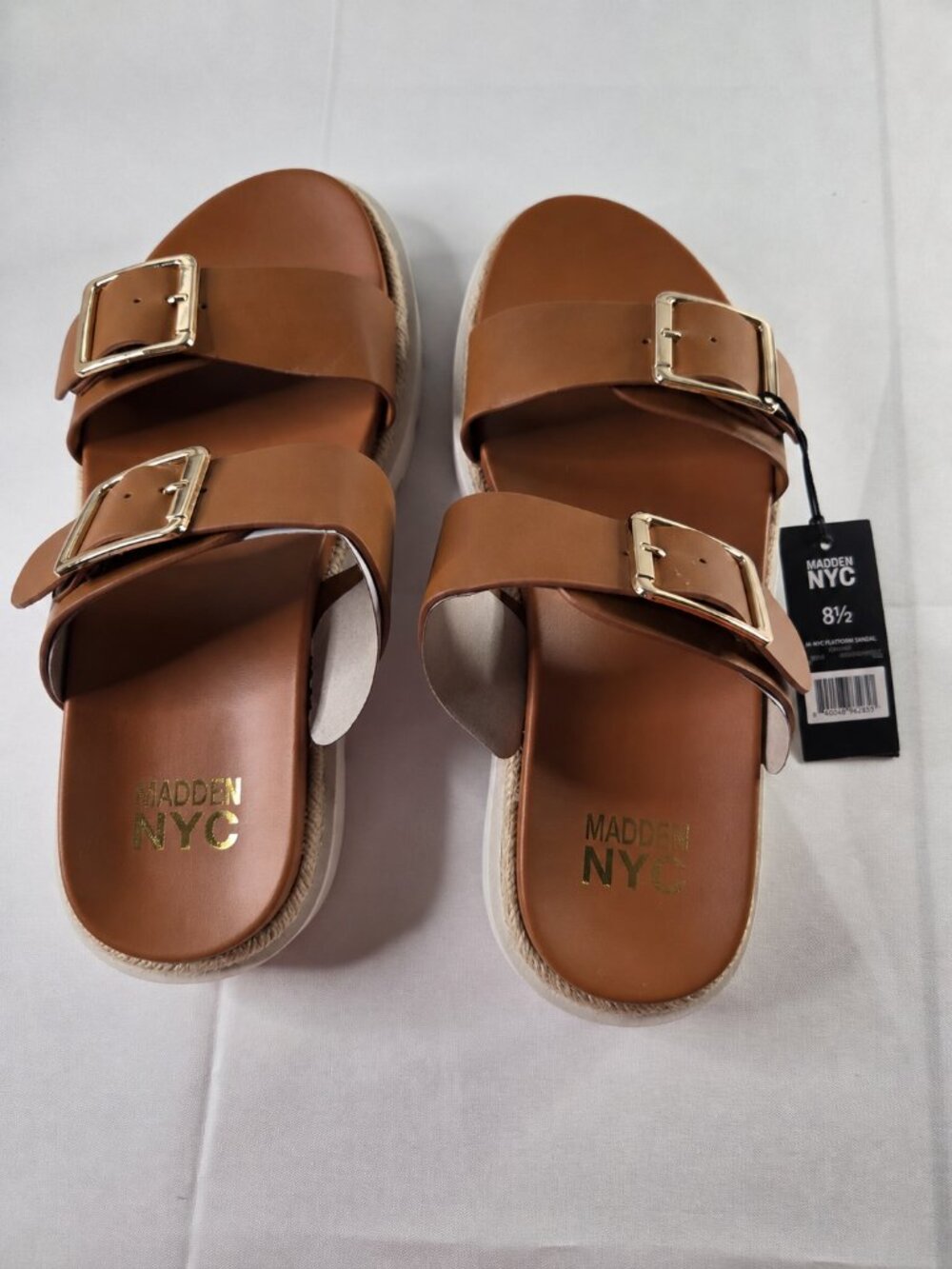 Madden NYC Double Buckle Platform Sandals Women's 8.5 Cognac Slides NWT